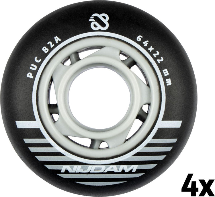 Nijdam inline skate wielen set - 64x24 mm - 4st - black - zwart zilver wit