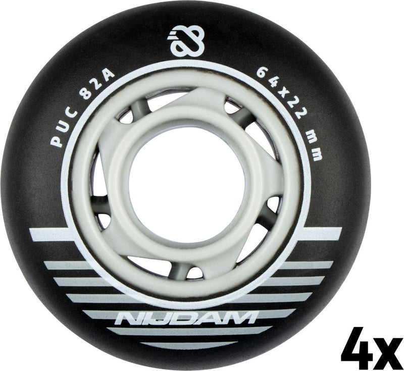 Nijdam inline skate wielen set - 64x24 mm - 4st - black - zwart zilver wit