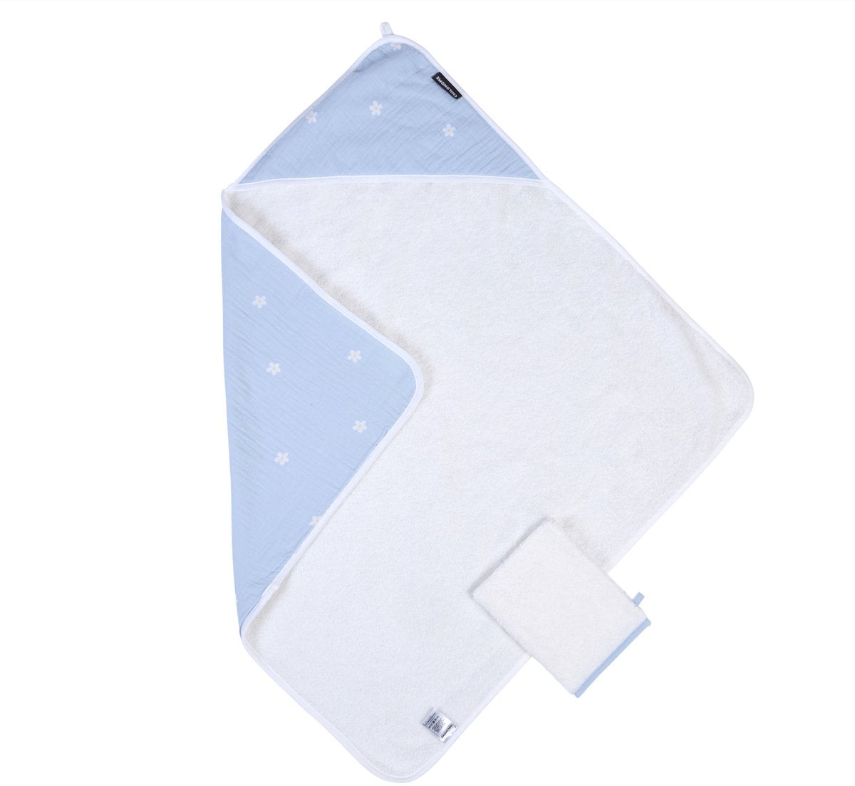 Childhome badcape met washandje - flower collection in wit blauw - extra dikke en absorberende badstof van 100% katoen - kap in mousseline met bloemenprint - machinewasbaar - 80 x 80 cm - ideaal als kraamcadeau