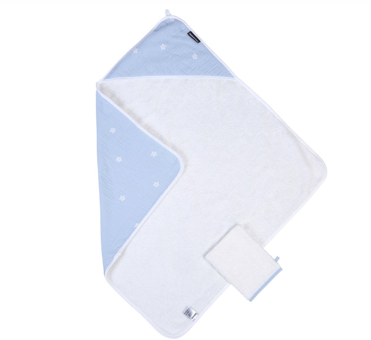 Childhome badcape met washandje - flower collection in wit blauw - extra dikke en absorberende badstof van 100% katoen - kap in mousseline met bloemenprint - machinewasbaar - 80 x 80 cm - ideaal als kraamcadeau