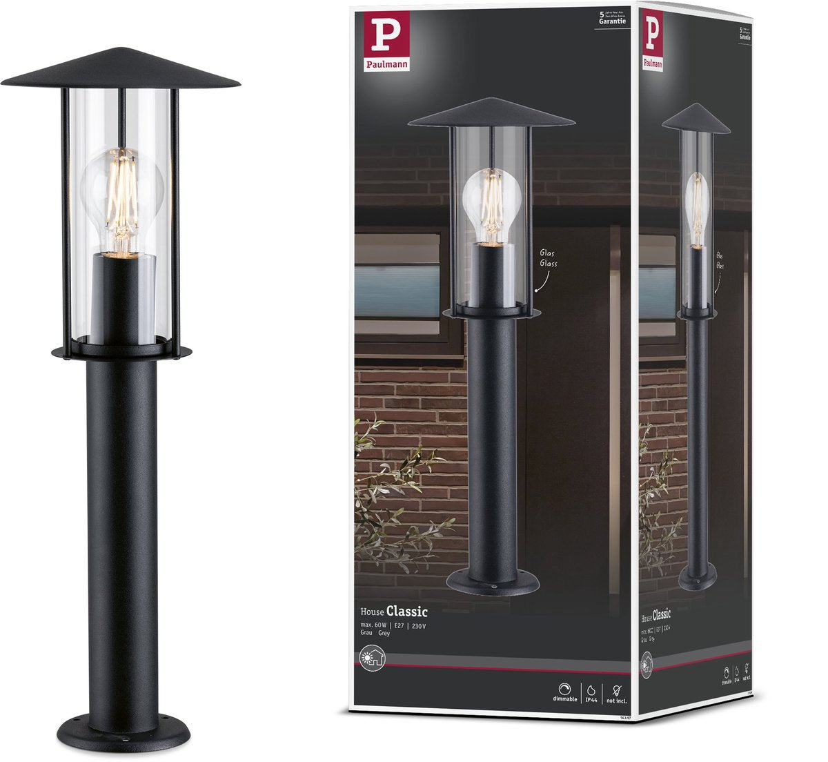 Paulmann bolderlamp classic ip44 500 mm max. 15w 230v donkergrijs e27 metaal, glas