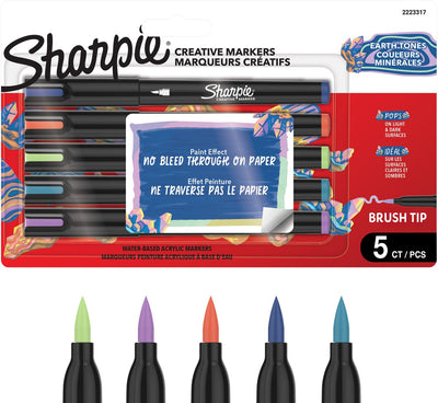 Sharpie creative marker acrylverf pennen | water-based verfmarkers | niet-doorlopende inkt schrijft op de meeste oppervlakken | borstelpunt | knutsel- en kunstbenodigdheden | warme tinten | 5 stuks
