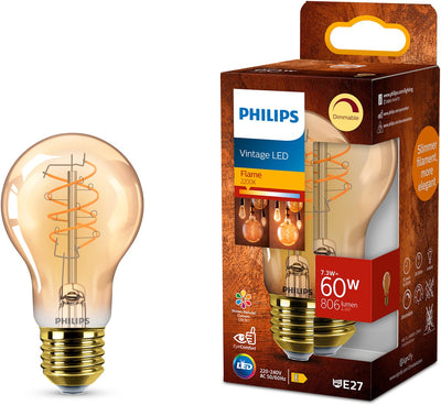 Philips led philips vintage led - dimbare lamp - 60w - extra warmwit licht: 2200k - e27 fitting - amberkleurig glas - standaard lampvorm