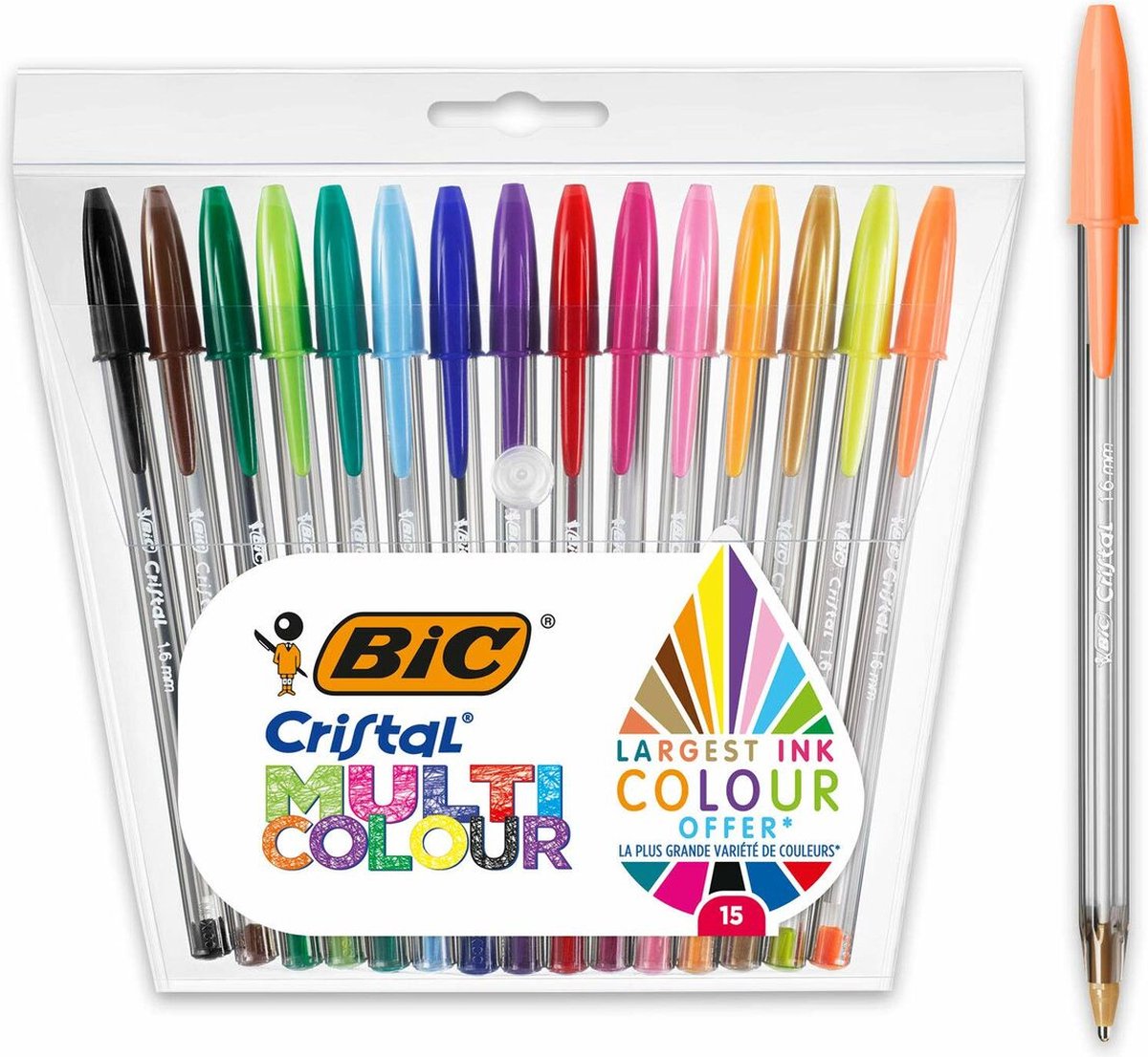 Bic cristal multicolour balpennen brede punt (1.6 mm) - verschillende kleuren - pak van 15 stuks