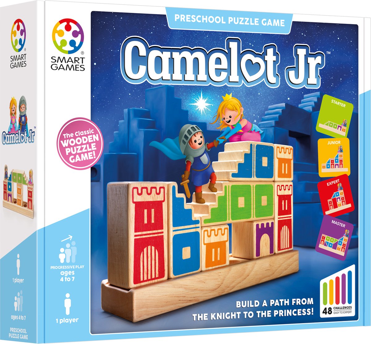 Smartgames camelot jr. - houten logisch denkspel - 48 ruimtelijke bouwuitdagingen - educatief solospel - vanaf 4 jaar - ridder en prinses - kasteel