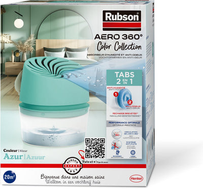 Rubson vochtopnemer aero360 colour collection turquoise 450g box | vochtvangende luchtontvochtiger toestel | ontvochter | vochtopnemer binnenhuis.