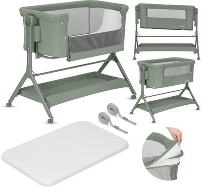 Lionelo leonie plus co-sleeper 3in1 – aanschuifbed, wieg vrijstaand babybed vanaf geboorte – 6 hoogtestanden – horizontale schommelfunctie – t25 matras – wielen – opbergmand – wasbare hoezen