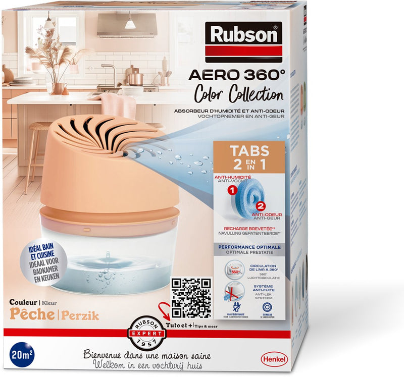 Rubson vochtopnemer aero360 colour collection perzik 450g box | vochtvangende luchtontvochtiger toestel | ontvochter | vochtopnemer binnenhuis.