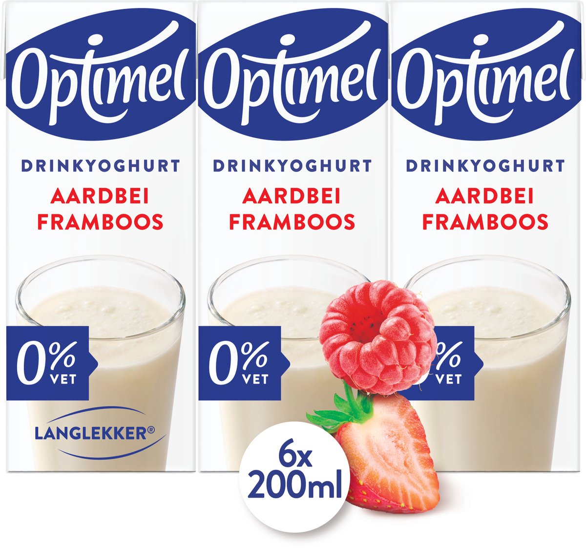 Optimel langlekker – drinkyoghurt – 0% vet – aardbei-framboos – 5 x 6 x 200 ml – voordeelverpakking