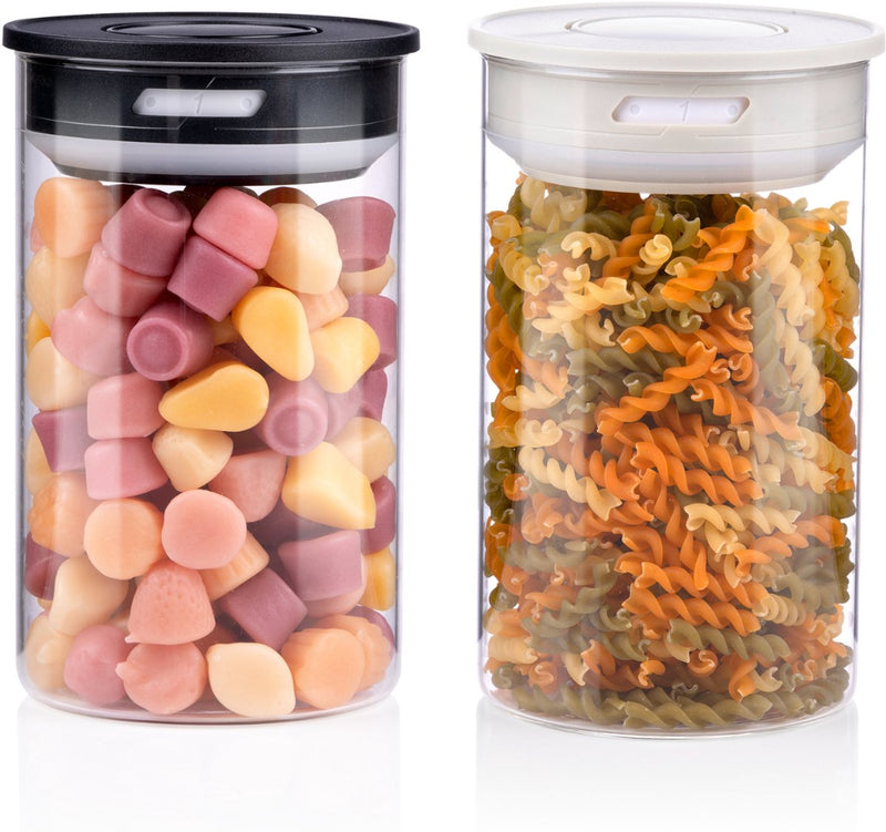 Alpina voorraadpot 1l - glazen bewaarpot met luchtdichte deksel - rond en transparant - geschikt voor noodles, rijst, snacks, snoep en suiker - ø10x16,5 cm - zwarte deksel