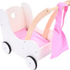 Engelhart poppen loopwagen roze wit – houten poppenwagen met matrasje, dekentje, kussentje opbergtas – geschikt voor alle poppen –