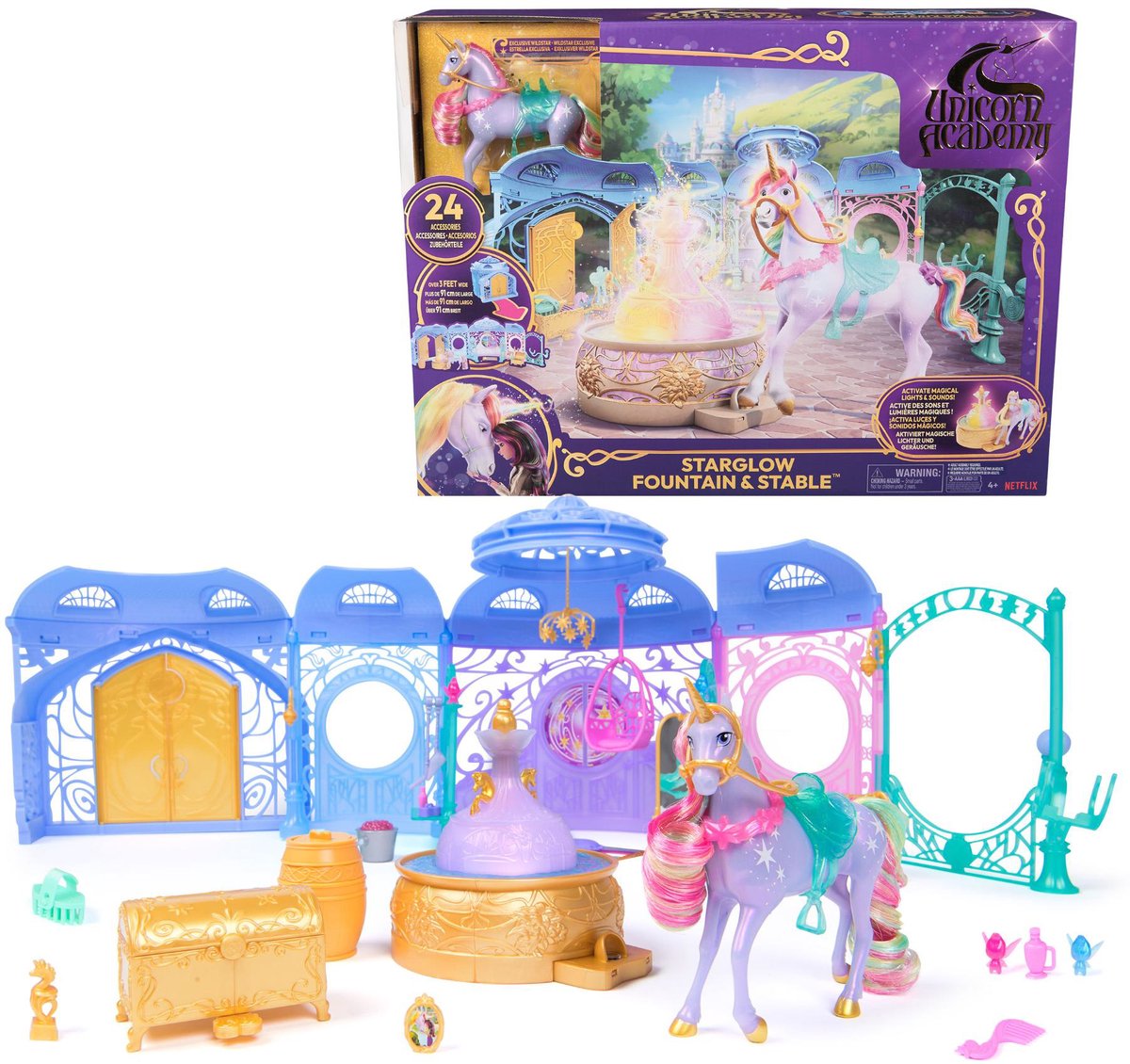 Unicorn academy - stal speelset - met fontein, wildstar, licht en geluid - 24 accessoires - poppen en eenhoornspeelgoed