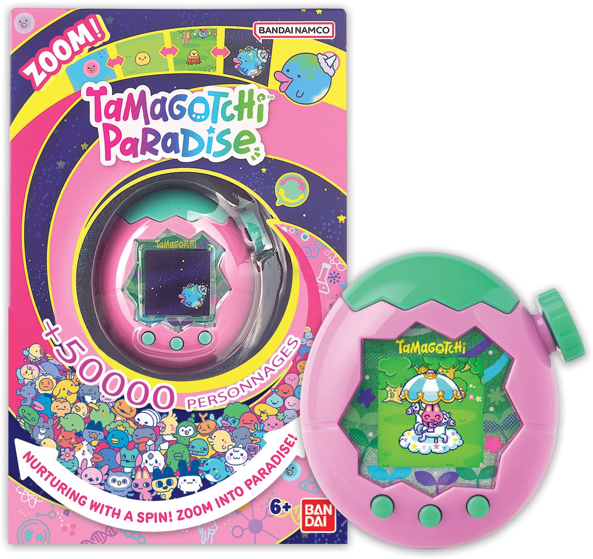 Bandai - tamagotchi paradise earth - virtueel dier om op te voeden - tamagotchi met zoomwiel - interactief speelgoed in het engels - roze en groene aarde model - kinderspeelgoed 6 jaar en + - 43421