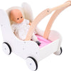 Engelhart poppen loopwagen roze wit – houten poppenwagen met matrasje, dekentje, kussentje opbergtas – geschikt voor alle poppen –