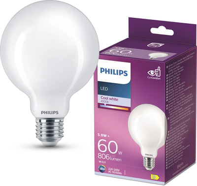 Philips led lamp - globelamp met e27 fitting - koelwit licht: 4000k - 60w - mat glas