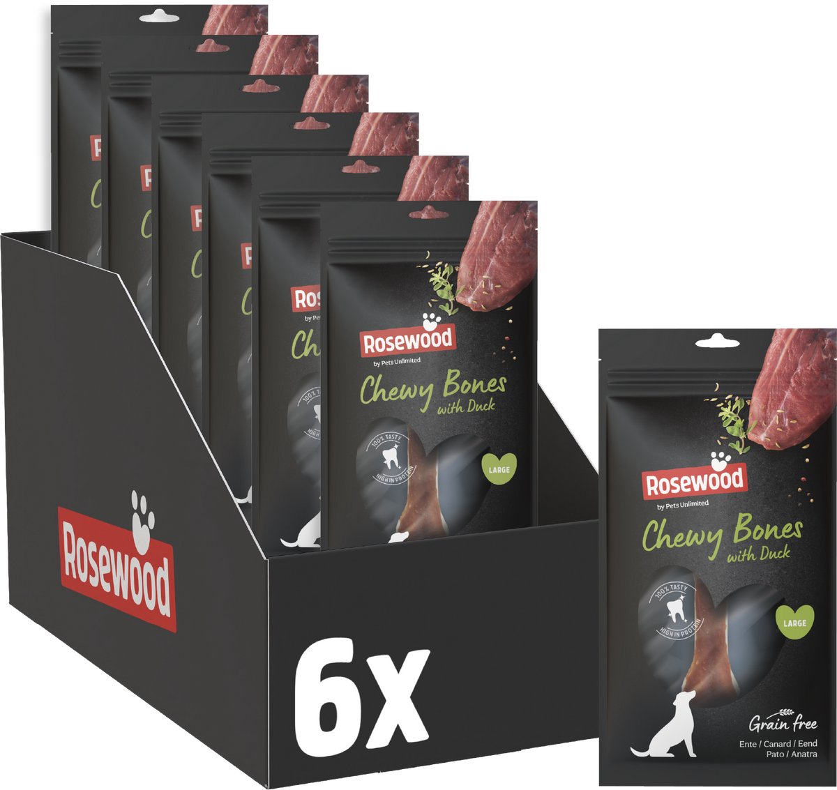 Rosewood chewy bones eend large - kauwkluiven voor grote honden - met eend runderhuid - eiwitrijk - zonder kunstmatige toevoegingen - 6 zakjes à 90g