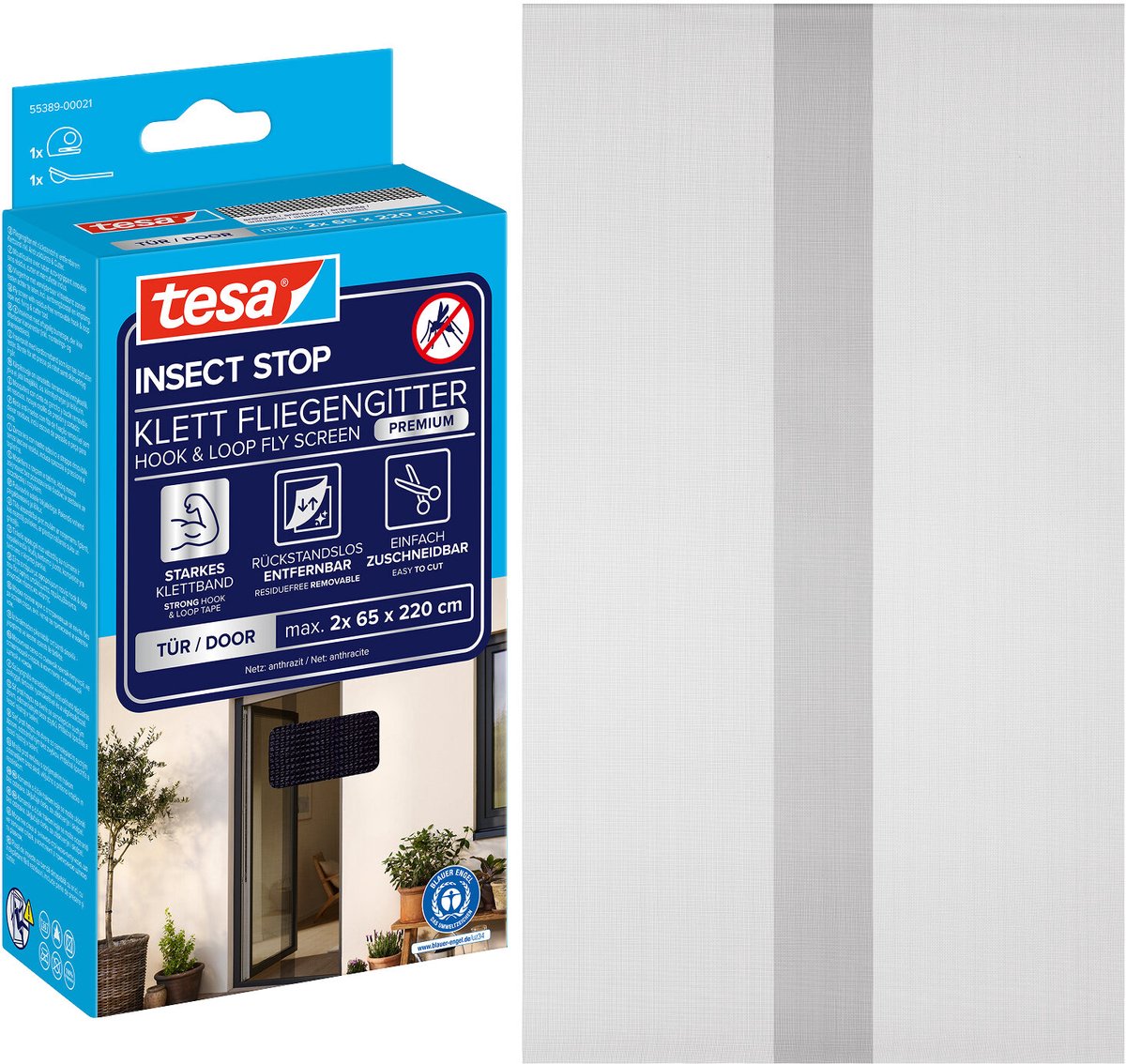 Tesa insect stop h l fly screen premium for doors - hor voor deur met klittenband, verwijderbaar, antraciet - 120 x 220 cm