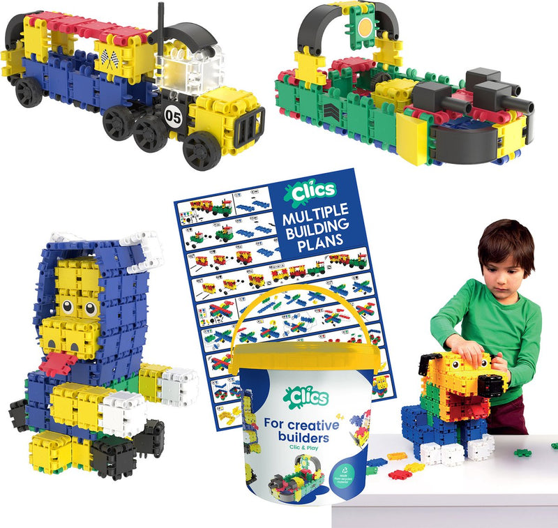 Clics build play 10-in-1 bouwblokken– duurzaam speelgoed gemaakt van gerecycleerde kunststof- bouwset 10 in 1 - speelgoed 4,5,6,7,8 jaar jongens en meisjes- educatief speelgoed- montessori speelgoed- constructie speelgoed