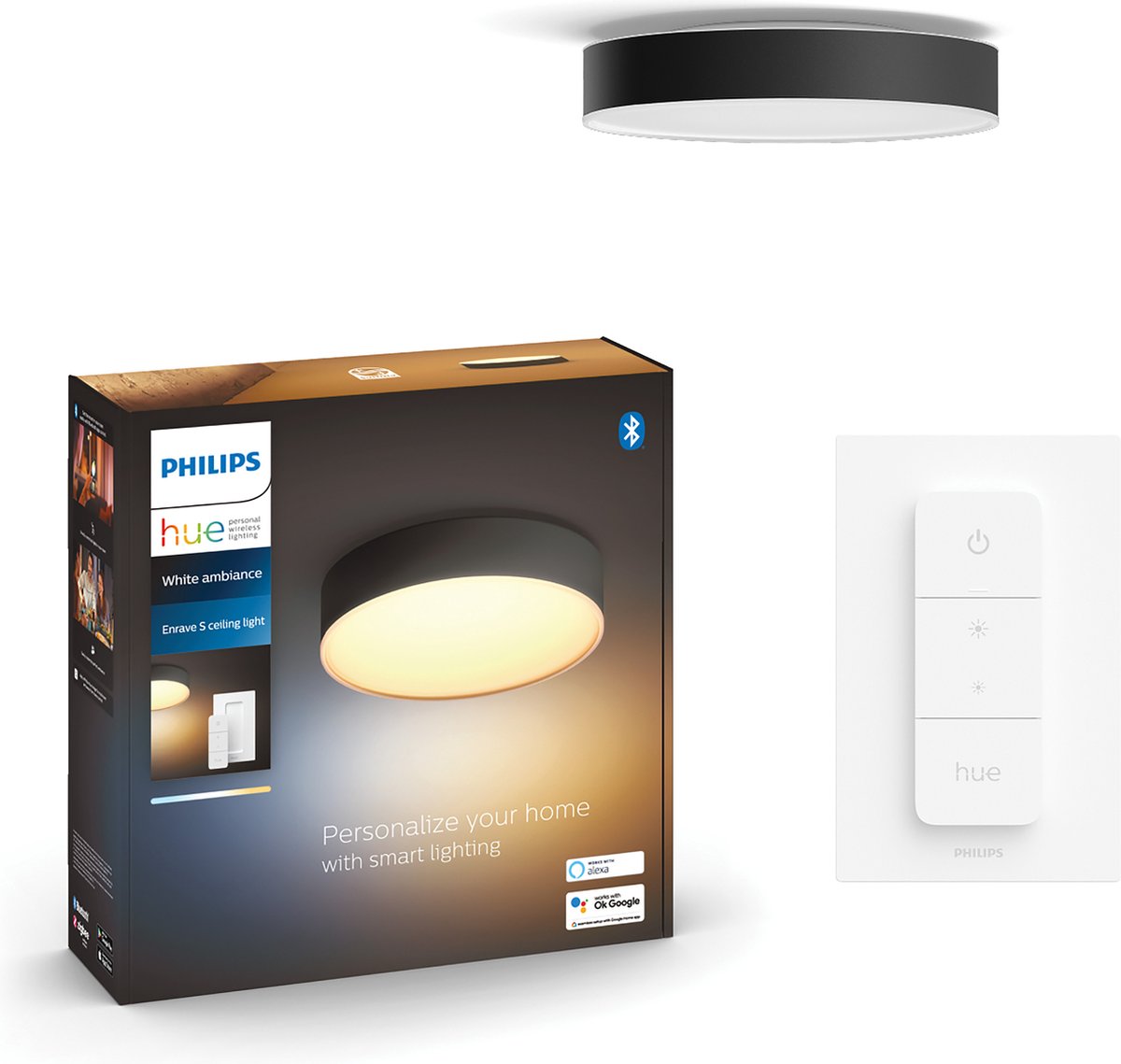 Philips hue enrave plafondlamp - warm tot koelwit licht - zwart - 26cm - 1 dimmer switch