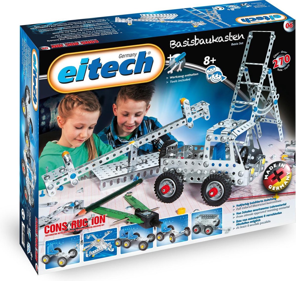 Eitech ® bouwdoos – 8 verschillende modellen – 270-delig – metalen bouwpakket met gereedschap – constructiespeelgoed – vanaf 8 jaar
