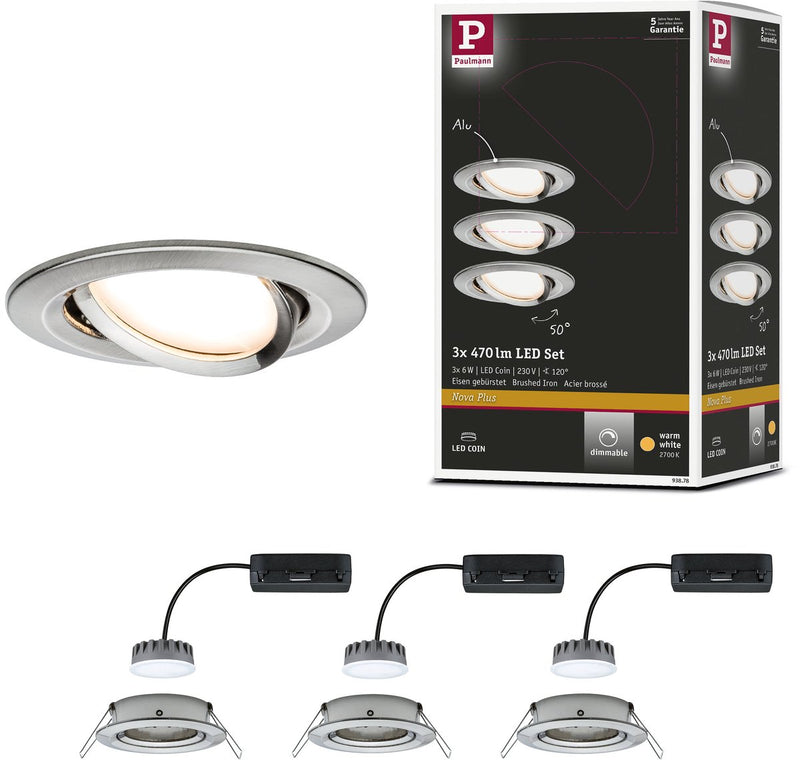 Paulmann led-inbouwlamp nova plus coin basisset zwenkbaar rond 84 mm 50° coin 3x6w 3x470lm 230v dimbaar 2700k staal geborsteld