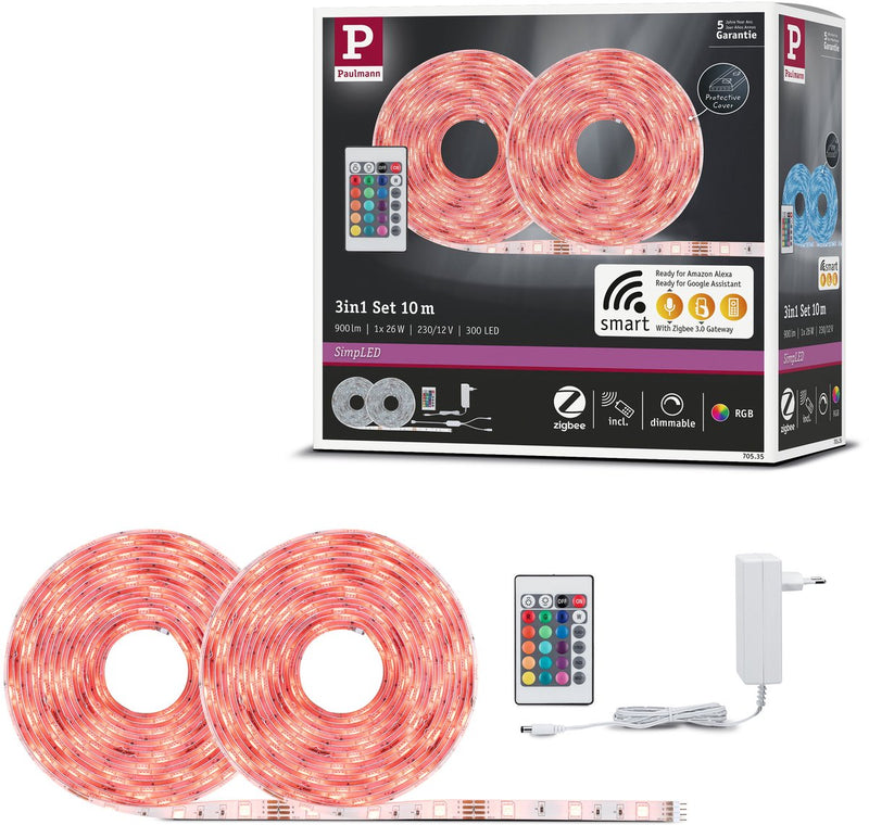 Paulmann simpled led strip 10 meter smart home zigbee 3.0 rgb - plug play set - 26w - 90 lm m - 30 leds m - gecoat - voor binnen