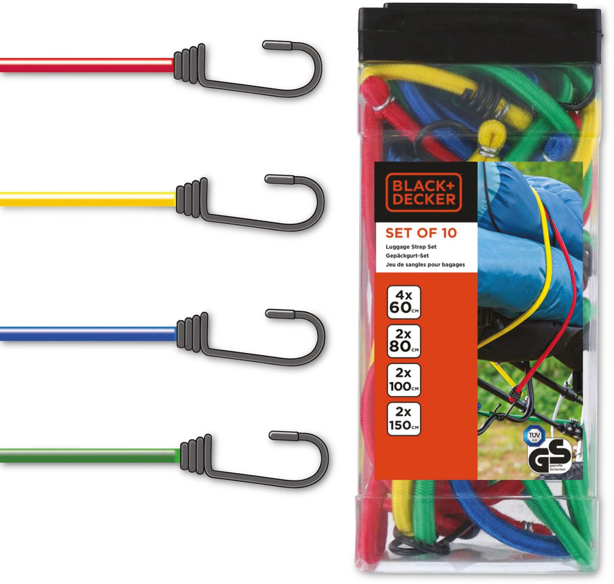 Black+decker spanelastiek set 10 stuks - spanbanden voor bagage auto - elastisch koord en bagagebinder - snelbinders met haak - 60 80 100 150 cm