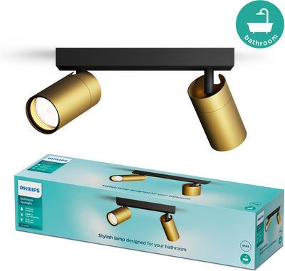 Philips idris spot - plafondspot - spatwaterdicht ip44 - 5w - zwart met goud - badkamerlamp - twee lichtpunten - alleen geschikt voor led spots