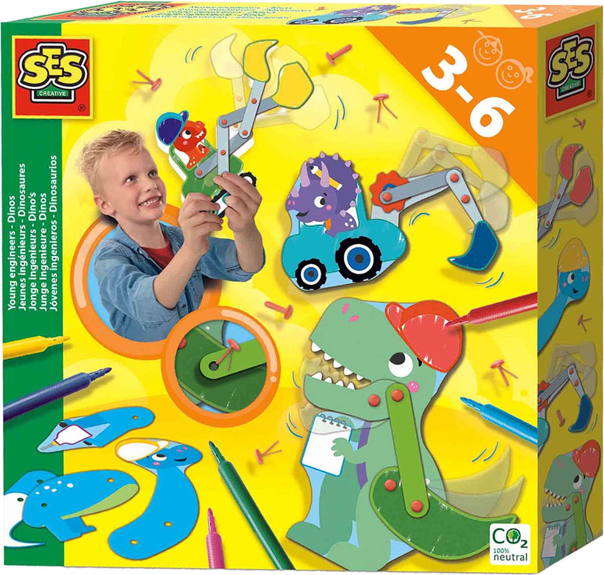 Ses creative - jonge ingenieurs dino's - bouw zelf 4 bewegende dino's en bouwvoertuigen - inclusief 6 viltstiften - dinosaurus speelgoed