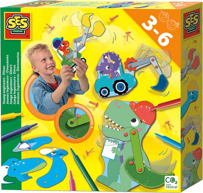 Ses creative - jonge ingenieurs dino's - bouw zelf 4 bewegende dino's en bouwvoertuigen - inclusief 6 viltstiften - dinosaurus speelgoed