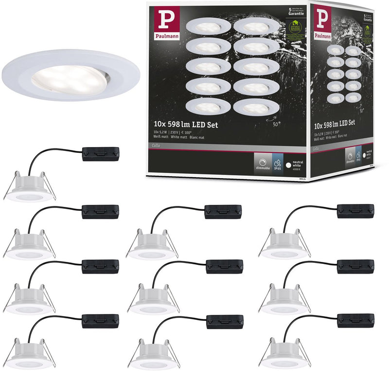 Paulmann led-inbouwlamp calla basisset zwenkbaar ip65 rond 90 mm 30° 10x5,2w 10x460lm 230v dimbaar 4000k wit mat