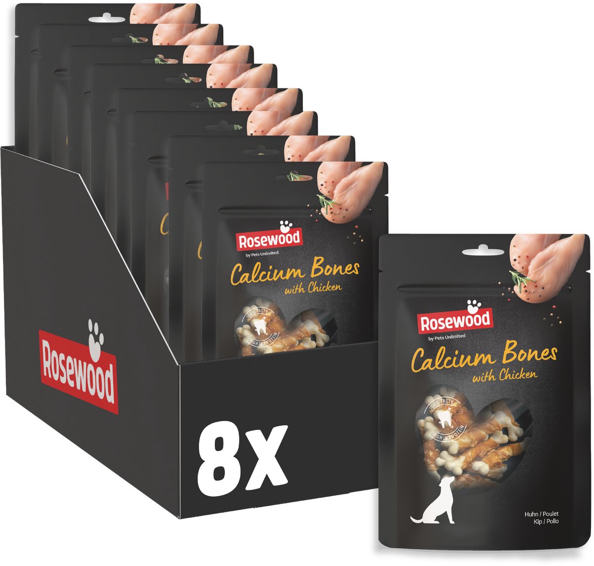 Rosewood calcium bones hondensnack kip 8 x 100 g - kauwbotjes runderhuid - met calcium - graanvrij