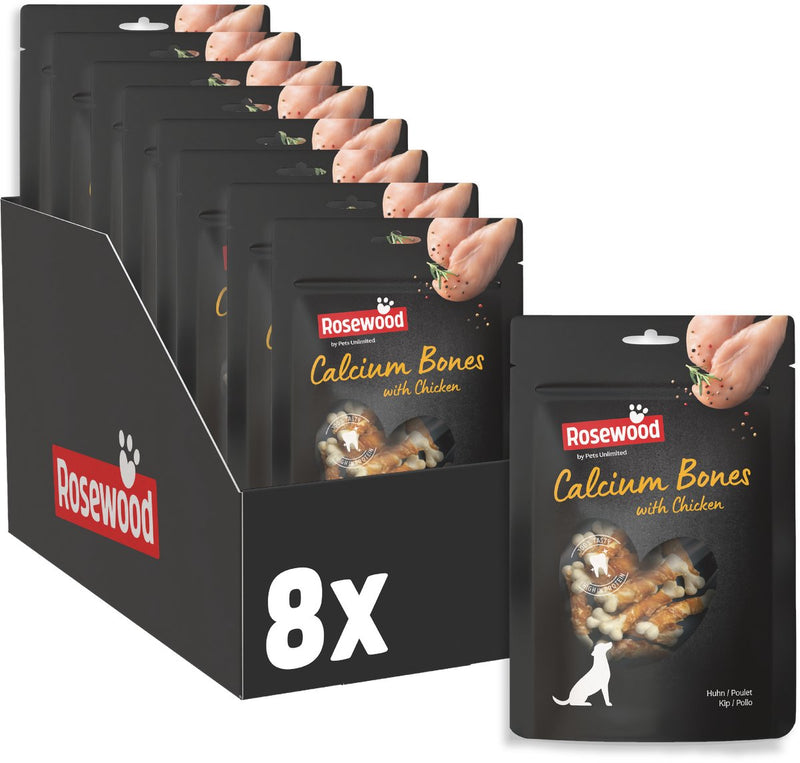Rosewood calcium bones hondensnack kip 8 x 100 g - kauwbotjes runderhuid - met calcium - graanvrij