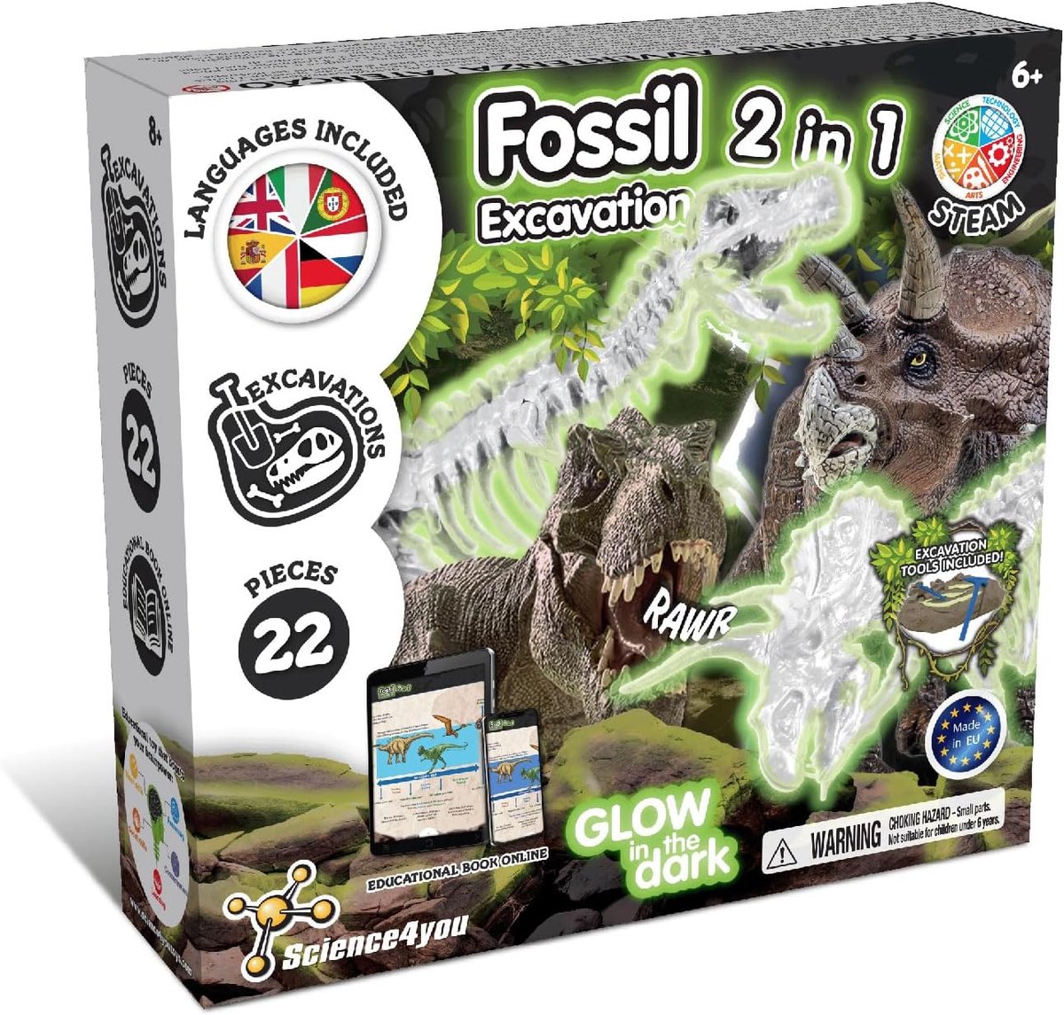 Science 4 you science4you dino fossil 2-in-1 – graafset met glow-in-the-dark skeletten – bouw 2 dinosaurus fossielen – educatief speelgoed vanaf 6 jaar