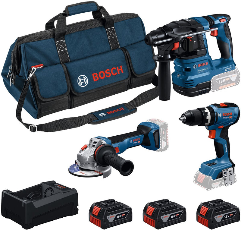 Bosch professional 3-toolkit 18v - gereedschap combiset - gsb 18v-65 - gbh 18v-22 - gws 18v-11 - 3x gba 5.0 ah - gal 12v 18v-80 lader