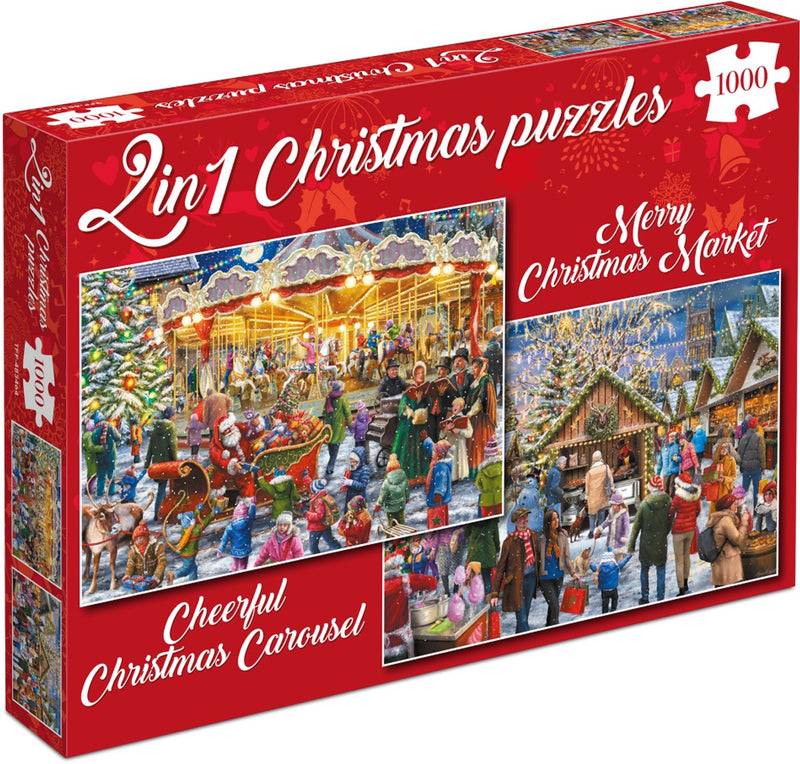 Tucker's fun factory kerstpuzzels - merry christmas market + cheerful christmas carousel - 2×1000 stukjes 68×49cm (b×h) - legpuzzels