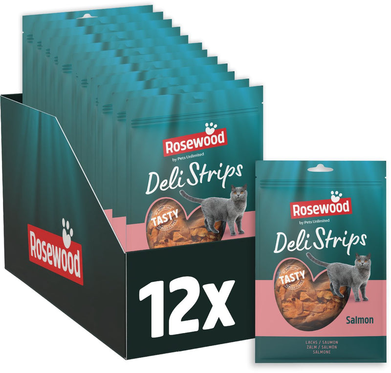 Rosewood deli strips kattensnack zalm 12 x 40 g - zachte kattensnoepjes - vetarm - zonder zout of suiker