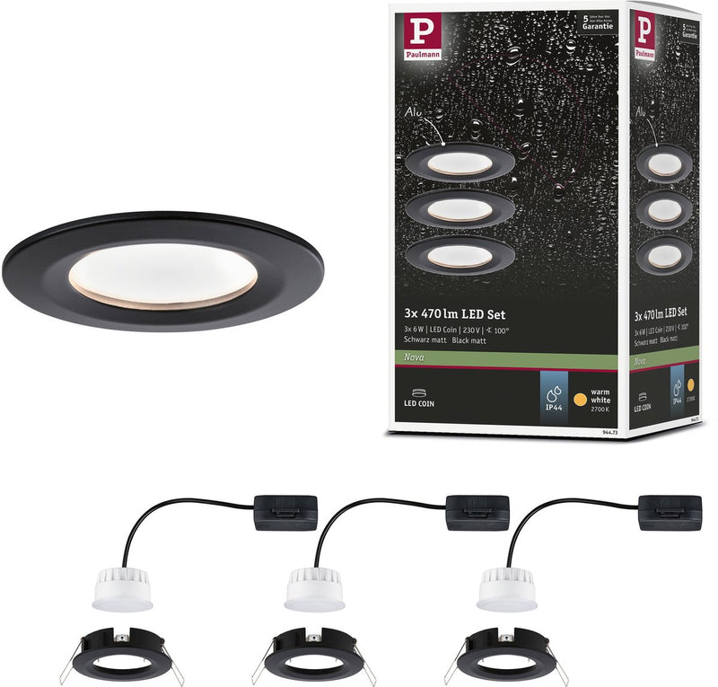 Paulmann led-inbouwlamp nova coin basisset star ip44 rond 78 mm coin 3x6w 3x470lm 230v 2700k zwart mat