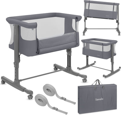 Lionelo aurora 3in1 co-sleeper - babybedje tot 9 kg - meegroeibed - 4 wielen met rem - campingbedje – verstelbare hoogte – ademend gaas – inclusief matras transporttas – afneembare bekleding