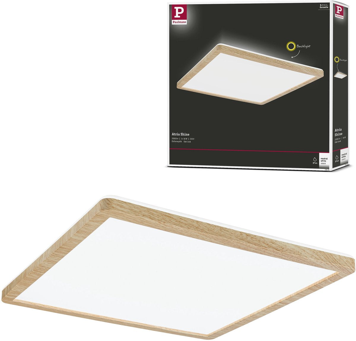 Paulmann led-paneel atria shine backlight ip44 hoekig 293x293 mm 16w 1600lm 3000k houtlook