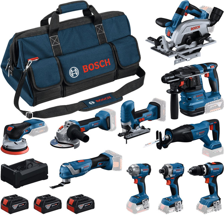 Bosch blauw 0615a500eh | accu combiset 18v 10 machines in toolbag (3x 5.0ah accu + gal 12v 18v-80 lader) - 0615a500eh