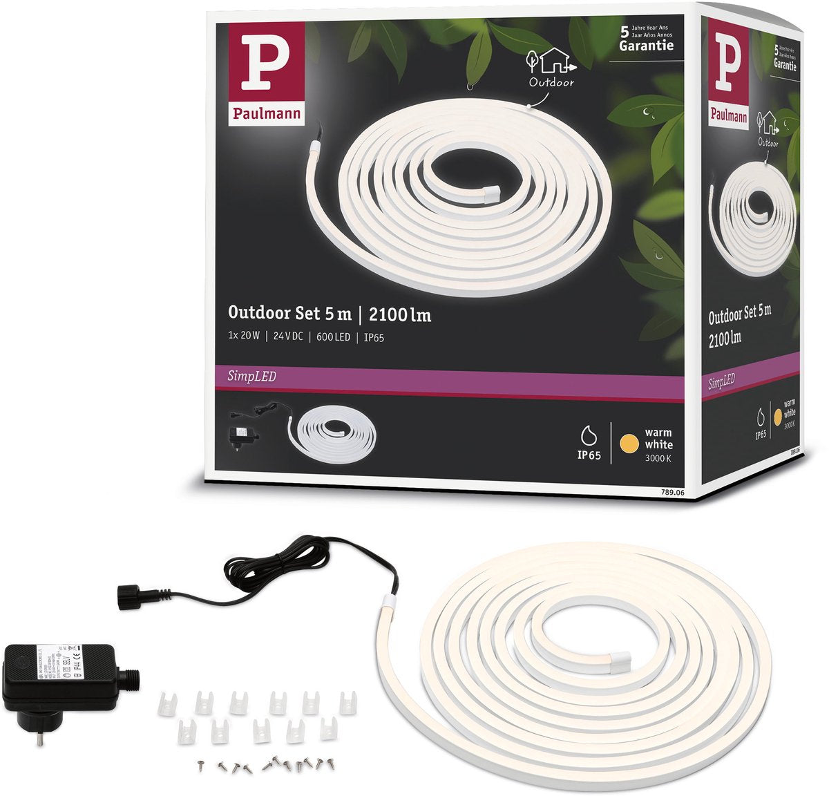Paulmann simpled outdoor led strip 5 meter warmwit - plug play set - 20w - 24v - wit - kunststof