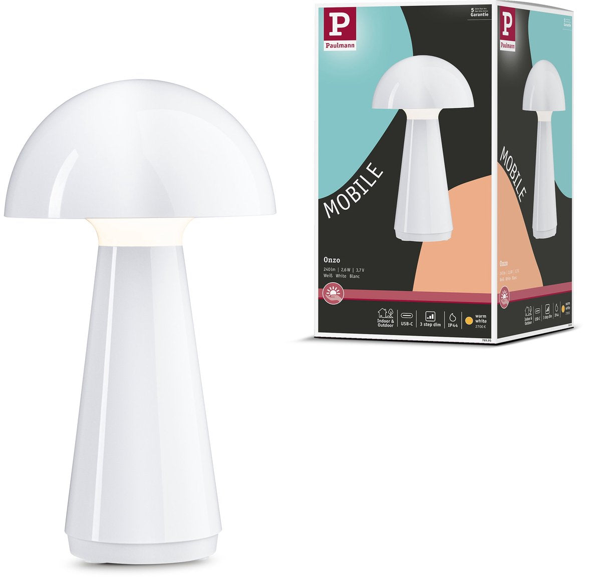 Paulmann acculamp 3-step-dim onzo ip44 dimbaar 2700k wit