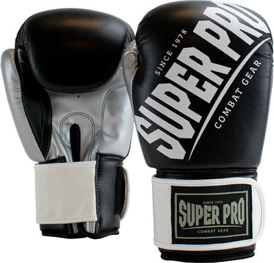 Super pro combat gear (kick)bokshandschoenen rebel zwart grijs wit 10oz