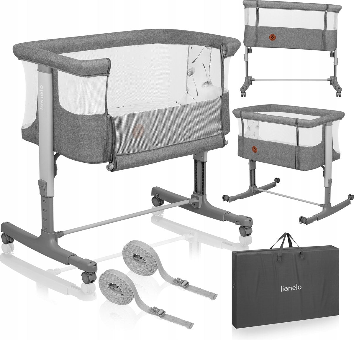 Lionelo aurora 3in1 co-sleeper - babybedje tot 9 kg - meegroeibed - 4 wielen met rem - campingbedje – verstelbare hoogte – ademend gaas – inclusief matras transporttas – afneembare bekleding
