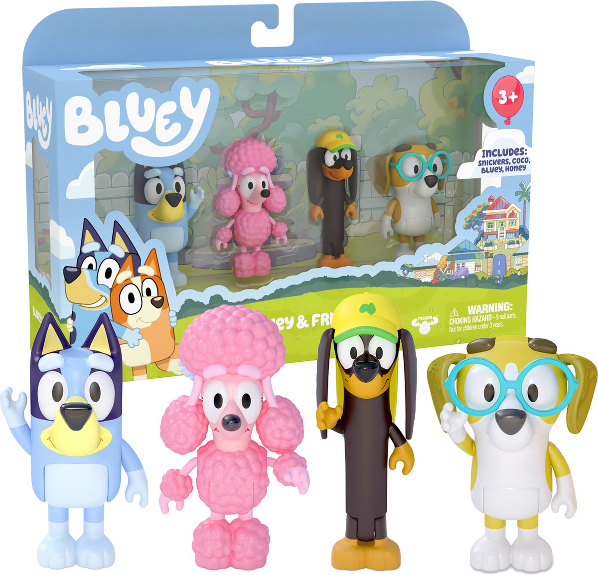 Moose toys bluey - 4 speelfiguren vrienden: bluey, snickers, coco en honey - speelfigurenset