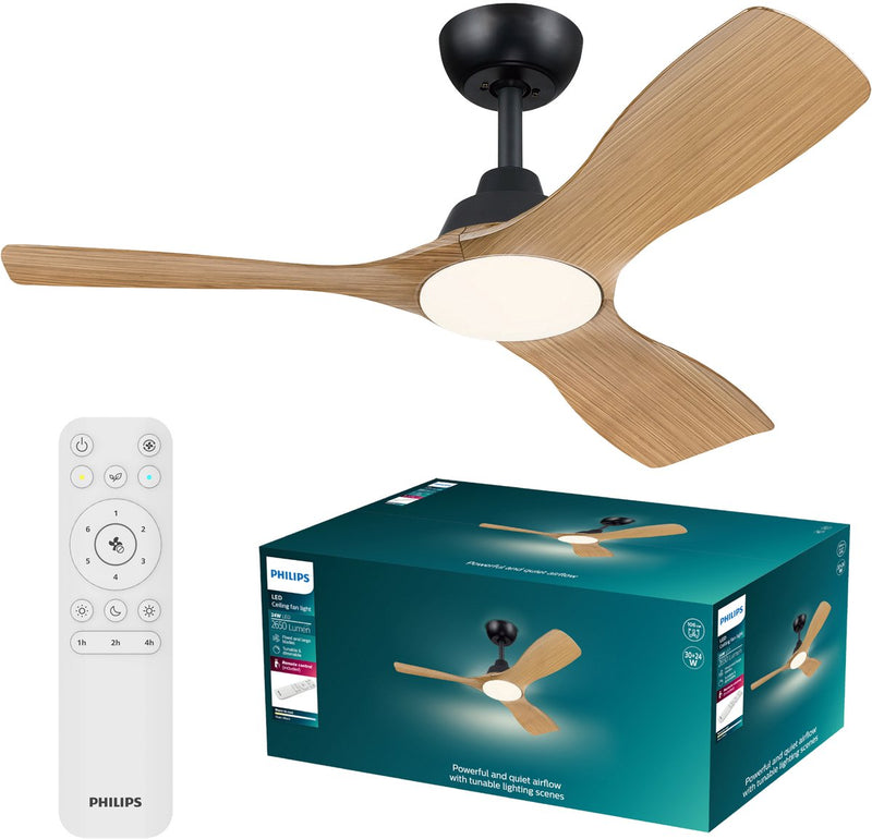 Philips led philips olas ventilator met led lamp - diameter: 106cm - instelbaar wit licht van 3000k tot 6500k - dimbaar tot 5% - inclusief afstandsbediening - 2650 lumen - zwart hout
