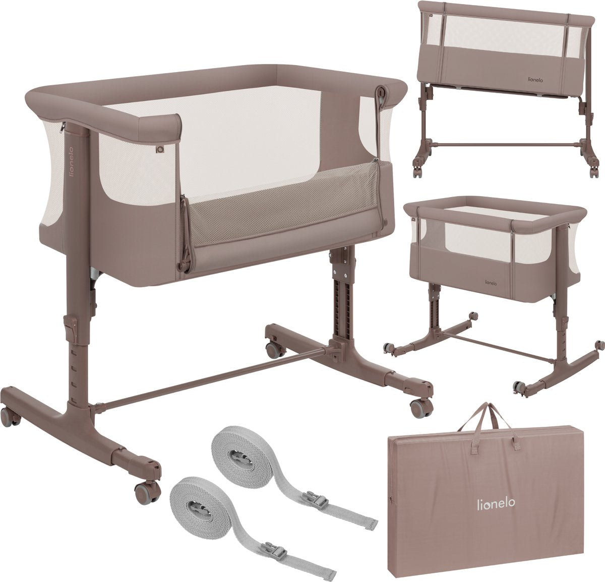 Lionelo aurora 3in1 co-sleeper - babybedje tot 9 kg - meegroeibed - 4 wielen met rem - campingbedje – verstelbare hoogte – ademend gaas – inclusief matras transporttas – afneembare bekleding