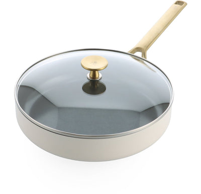 Bk sublime hapjespan 28cm met deksel - 3.6l - pfas-vrije antikleeflaag - hapjespan inductie - keramische pan -ovenbestendig tot 220°c - met glazen deksel - crème