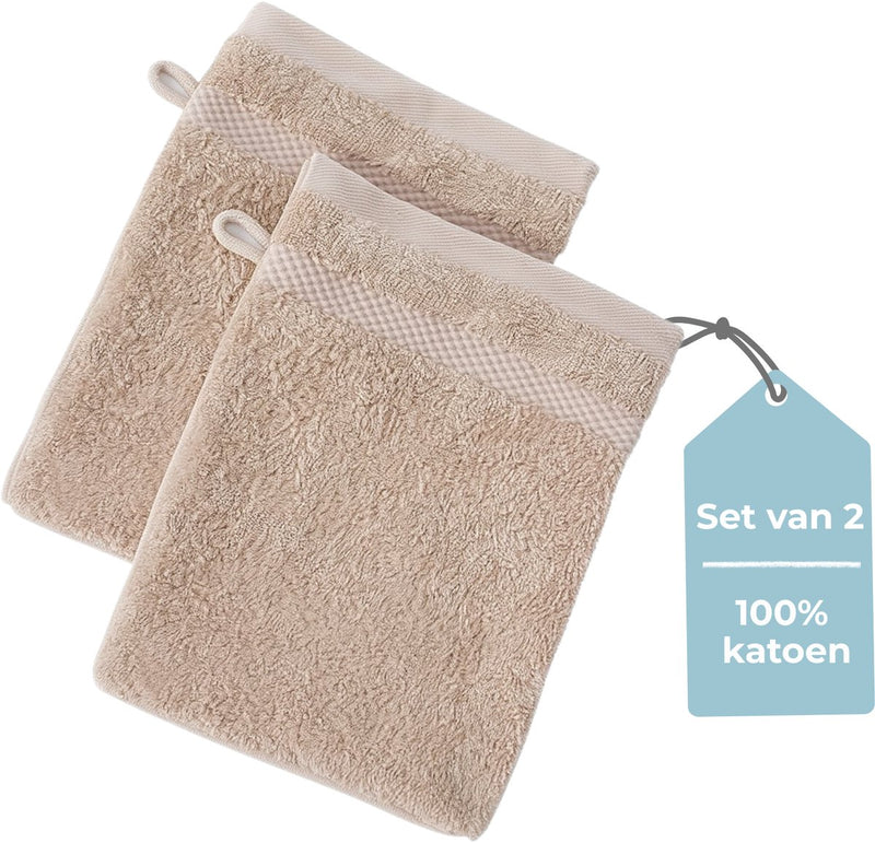 Hush. living hush living washand - set van 2 - 100% katoen - zware kwaliteit 500g m2 - stijlvol boord en ophanglus- 16x22cm - zand
